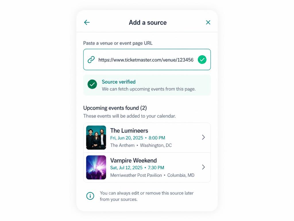 Preview of a finished add: a venue found from a typed name, marked verified, with the events we found listed underneath