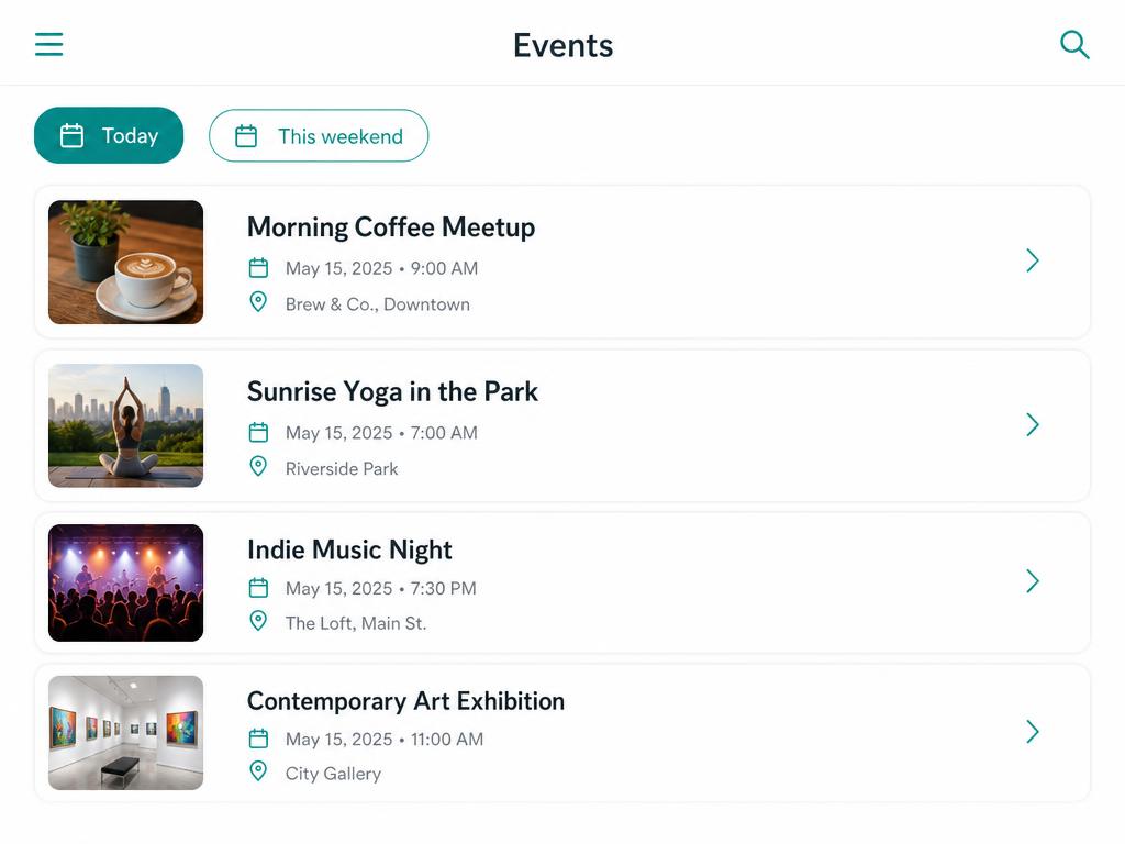 Preview of the finished overview: a filtered list of event cards with thumbnails, dates and venues